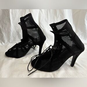 Black Mesh Lace-Up Peep Toe Booties Velvet Accents Stiletto Heels Size 6.5-7